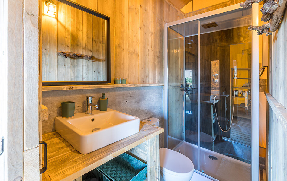 Bathroom in the holiday rental lodge in Occitanie at La Parenthèse de Saint-Esselin in Larreule